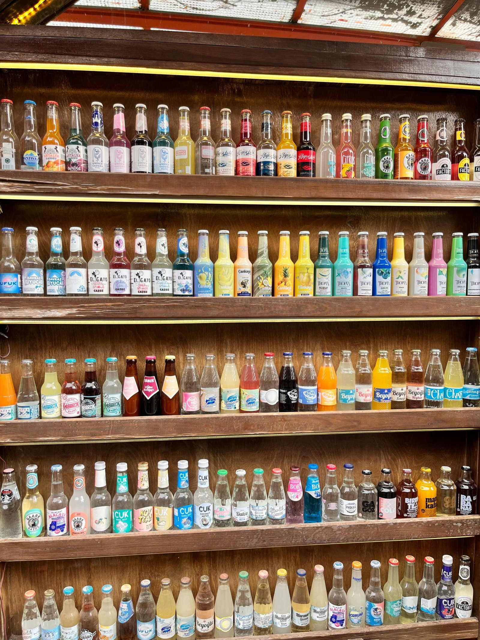 Vintage soda bottles showcasing diverse brands in a colorful display.